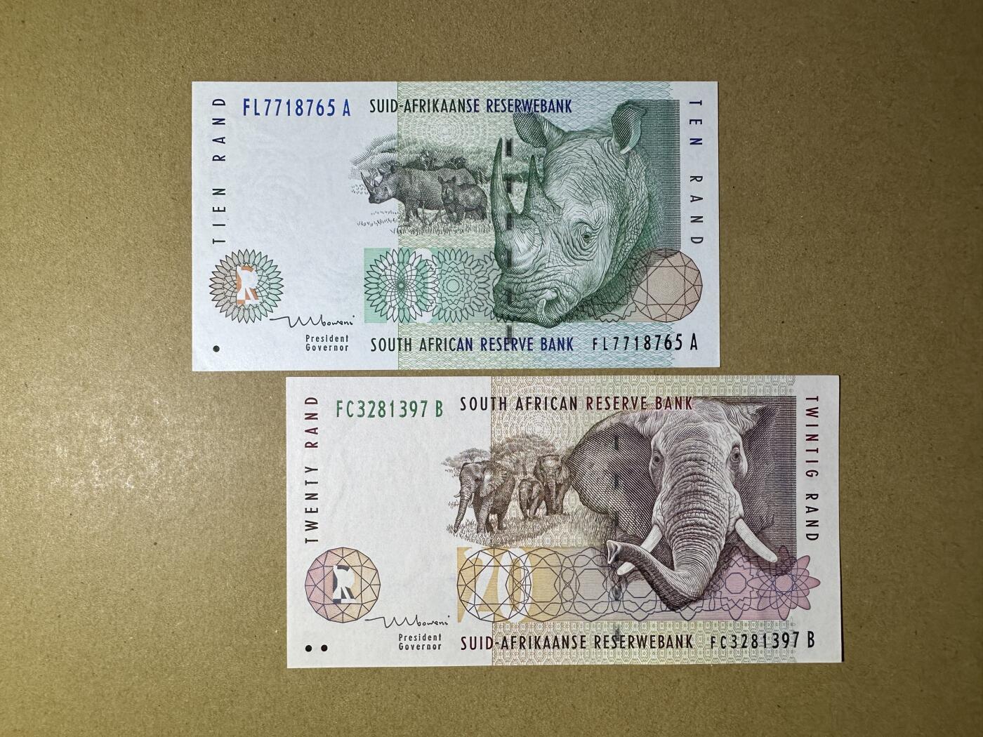 《张总收藏》166期-周日外币精品 南非10、20兰特2张 UNC 1999年 全程无4