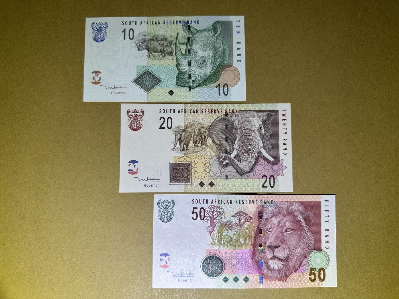 《张总收藏》166期-周日外币精品 南非10、20、50兰特3张 UNC 2005年 全程无4