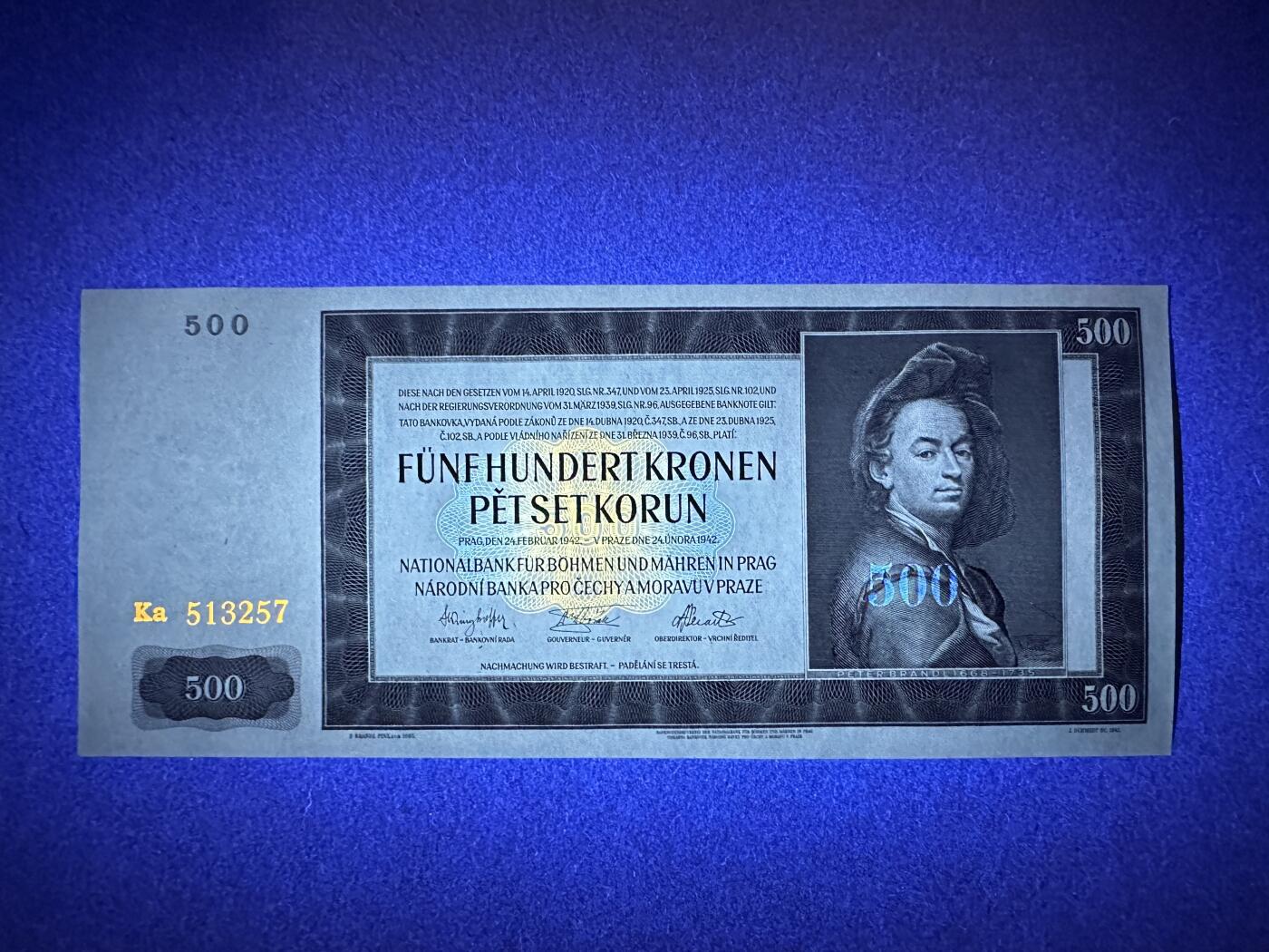 《张总收藏》166期-周日外币精品 波西米亚与摩拉维亚500克朗 UNC 1942年版 捷克前身 实票 无针孔 无4