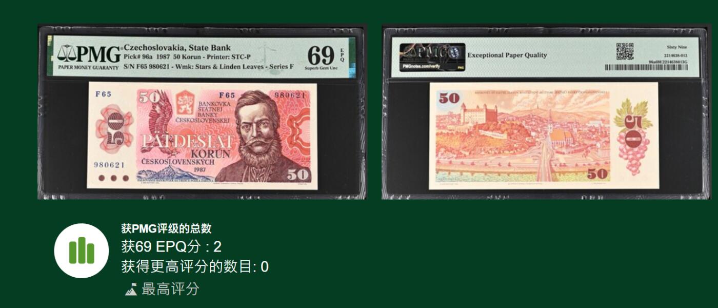 《张总收藏》166期-周日外币精品 捷克斯洛伐克1987年50克朗PMG69E冠军分靓号无347,唯二【冠军分】,一步到位的精品 双面精雕 布拉迪斯拉发城堡