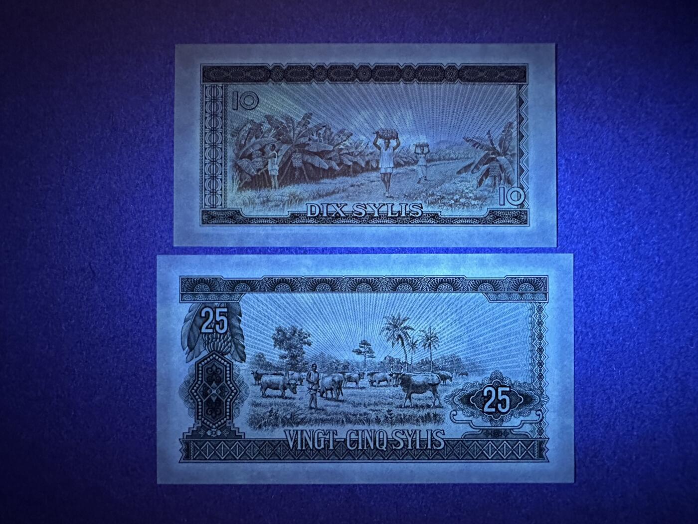 《张总收藏》166期-周日外币精品 几内亚10、25西里2张 UNC 1971年版 25的轻微荧光