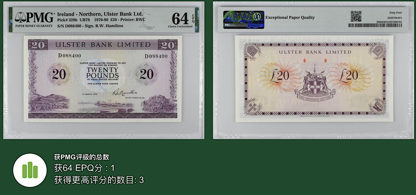 《张总收藏》166期-周日外币精品 北爱尔兰20镑 PMG64E 阿尔斯特银行 1976年老版本 带EPQ 裸币收藏剪壳首选 更高分仅3张