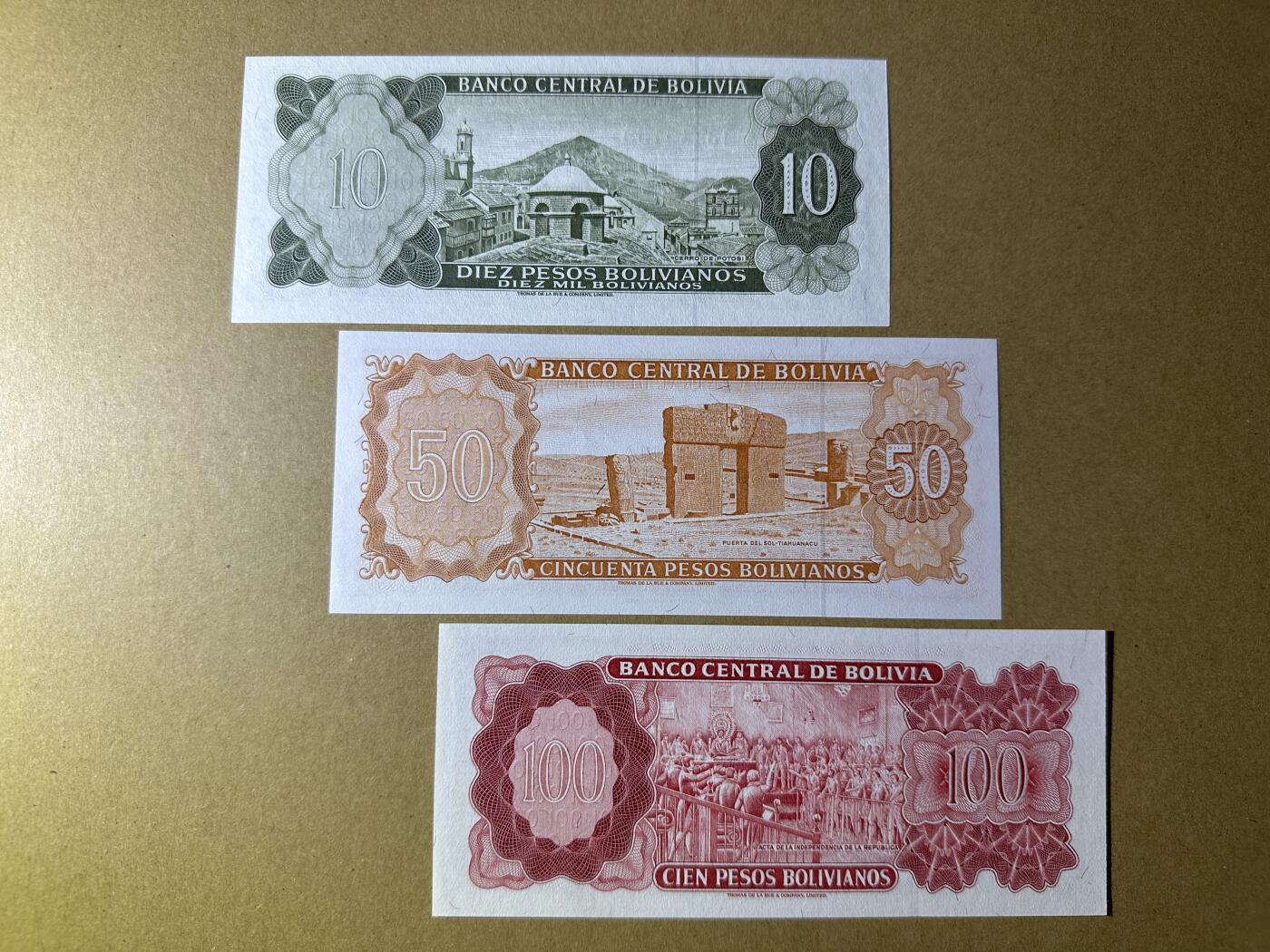 《张总收藏》166期-周日外币精品 玻利维亚10、50、100玻利瓦尔3张 UNC 1962年 全程无4