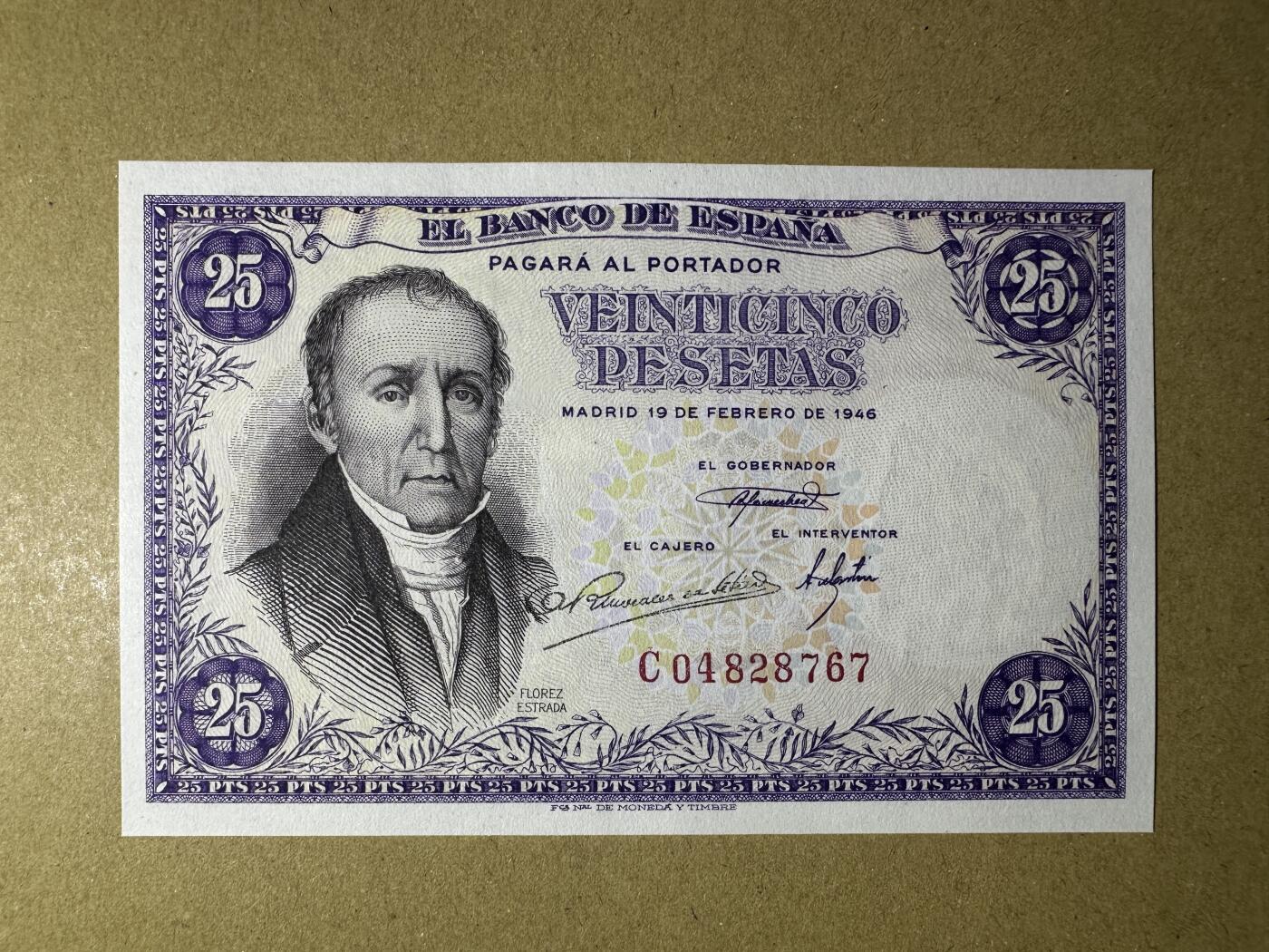 《张总收藏》166期-周日外币精品 西班牙25比塞塔 UNC 1946年老版本