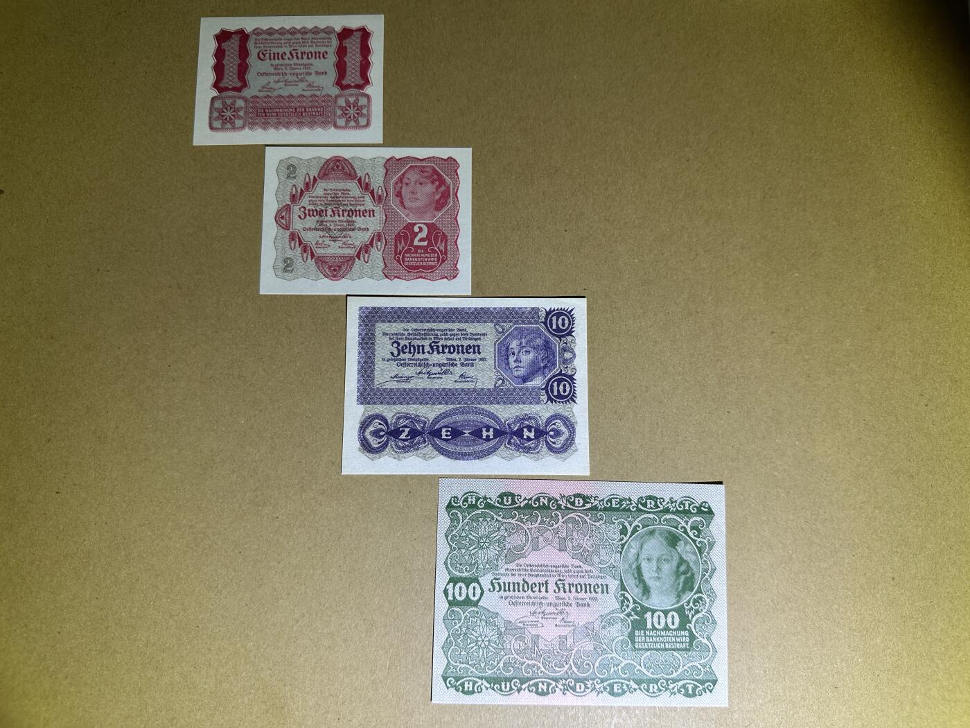 《张总收藏》166期-周日外币精品 奥地利1、2、10、100克朗4张 UNC 1922年老版本