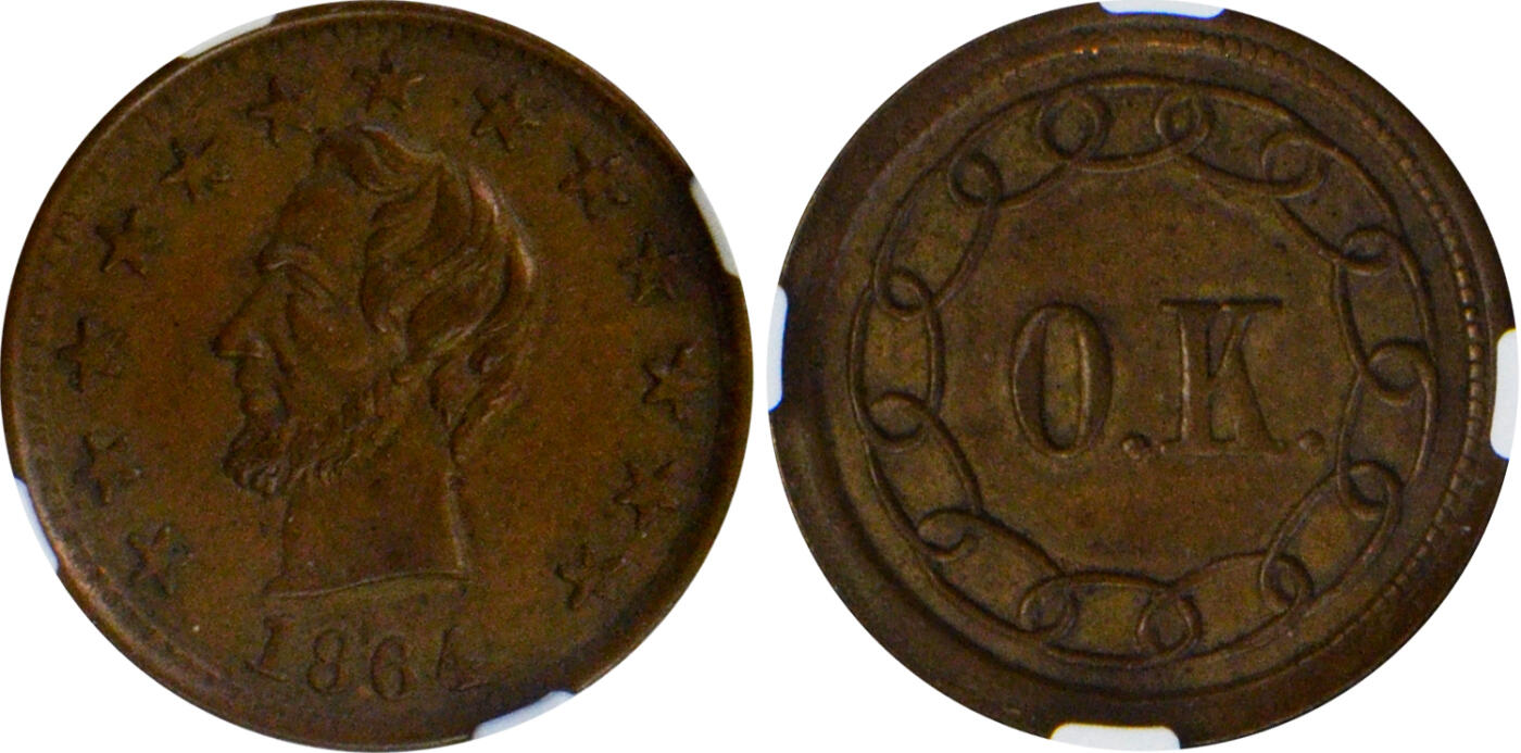 冠军2024年9月上海拍卖 1864年美国内战LINCOLN-O.K.铜质代币，F-127/248a，NGC MS 63 BN，H.F. Bowker藏品