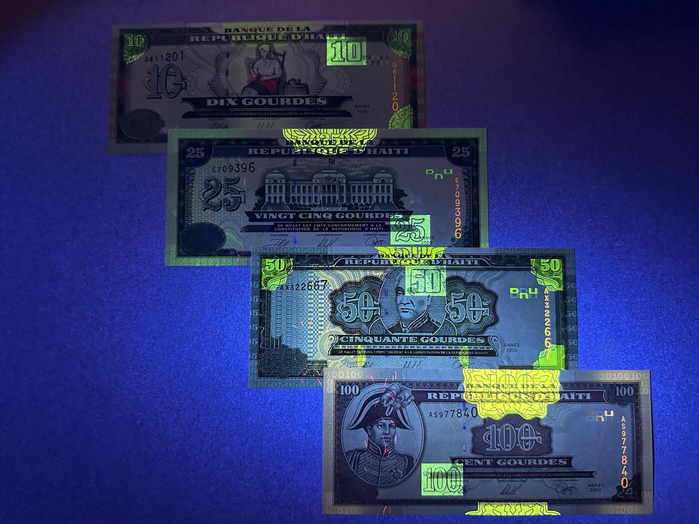 《张总收藏》166期-周日外币精品 海地10、25、50、100古德4张 UNC 2000年