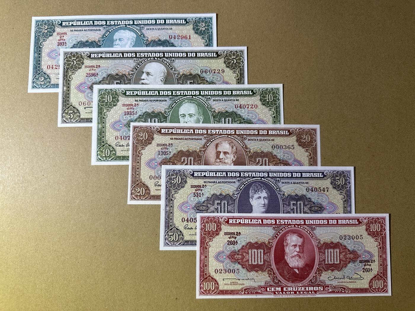 《张总收藏》166期-周日外币精品 巴西2、5、10、20、50、100克鲁塞罗6张 UNC 1953-1960年老版本