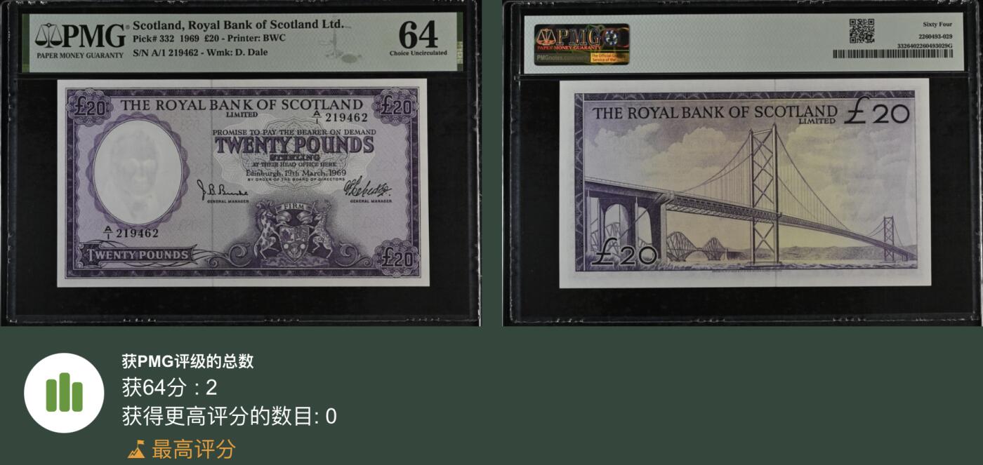 《张总收藏》166期-周日外币精品 苏格兰20镑 PMG64 皇家银行 1969年老版本 稀少品种 A1冠 冠军分 仅2张