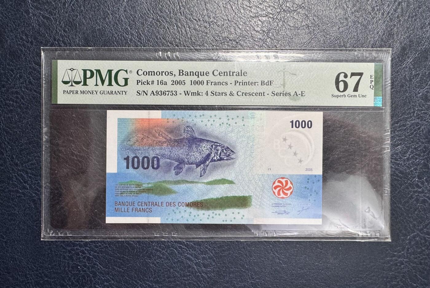 收藏联盟Quantum Auction 第374期拍卖  科摩罗2005年1000法郎首发A冠 PMG67 号码无4 
