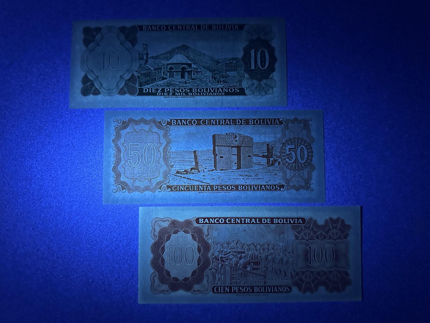 《张总收藏》166期-周日外币精品 玻利维亚10、50、100玻利瓦尔3张 UNC 1962年 全程无4