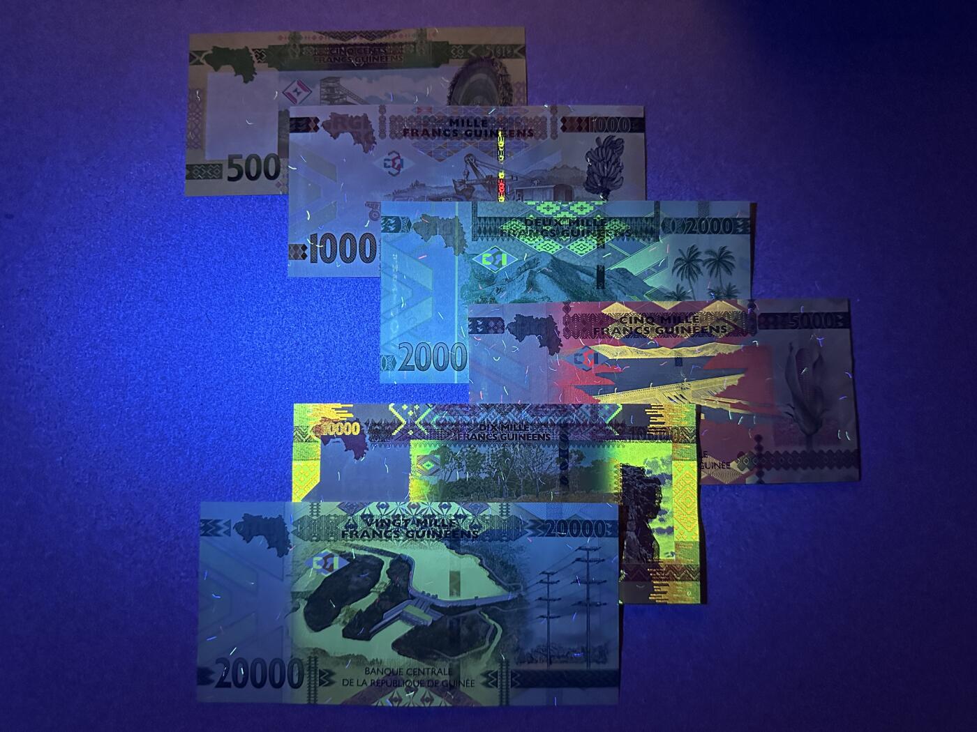 《张总收藏》166期-周日外币精品 几内亚500-20000法郎6张 UNC 2018-2022年版大全套 全部尾8