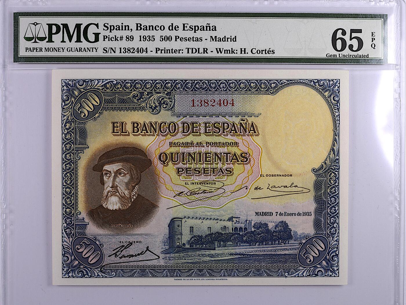 《张总收藏》166期-周日外币精品 西班牙500比塞塔 PMG65E 1935年 西班牙探险家和大殖民者科尔特斯 大票幅 严评老壳子 裸币收藏剪壳首选