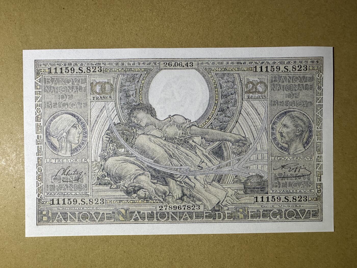 《张总收藏》166期-周日外币精品 比利时100法郎 UNC 1943年大票幅 无4