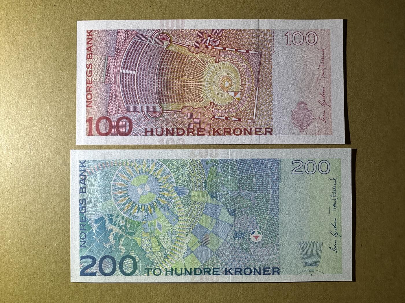 《张总收藏》166期-周日外币精品 挪威100、200克朗2张 UNC