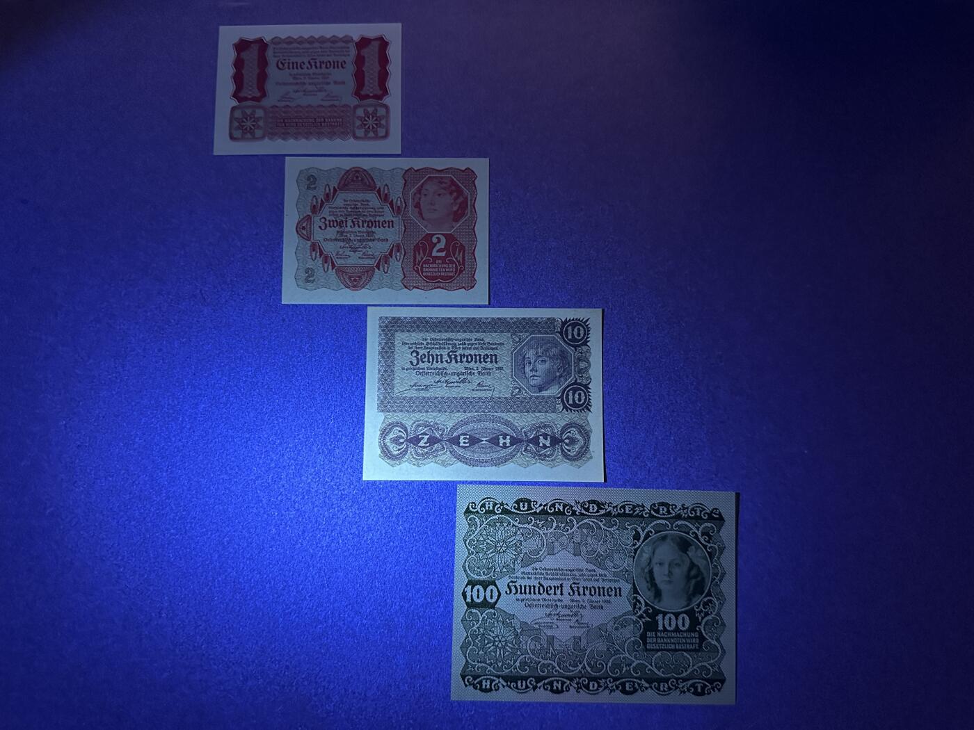 《张总收藏》166期-周日外币精品 奥地利1、2、10、100克朗4张 UNC 1922年老版本