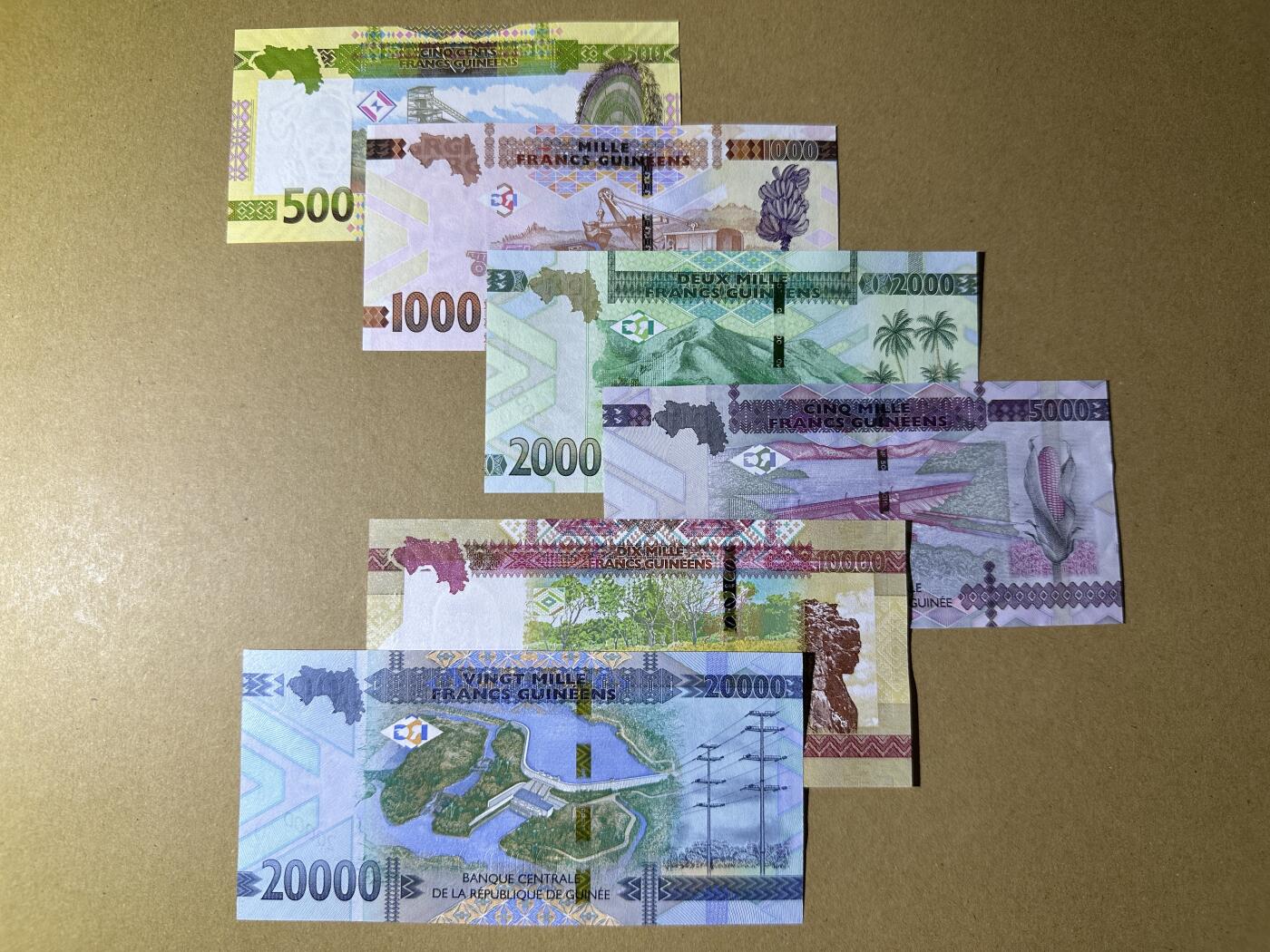 《张总收藏》166期-周日外币精品 几内亚500-20000法郎6张 UNC 2018-2022年版大全套 全部尾8