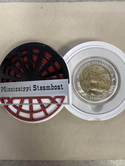 康怡轩钱币【以色列+葡萄牙+库克+澳大利亚+芬兰】第251003期  2015年库克发行密西西比汽船镶贝壳5盎司精制纪念银币