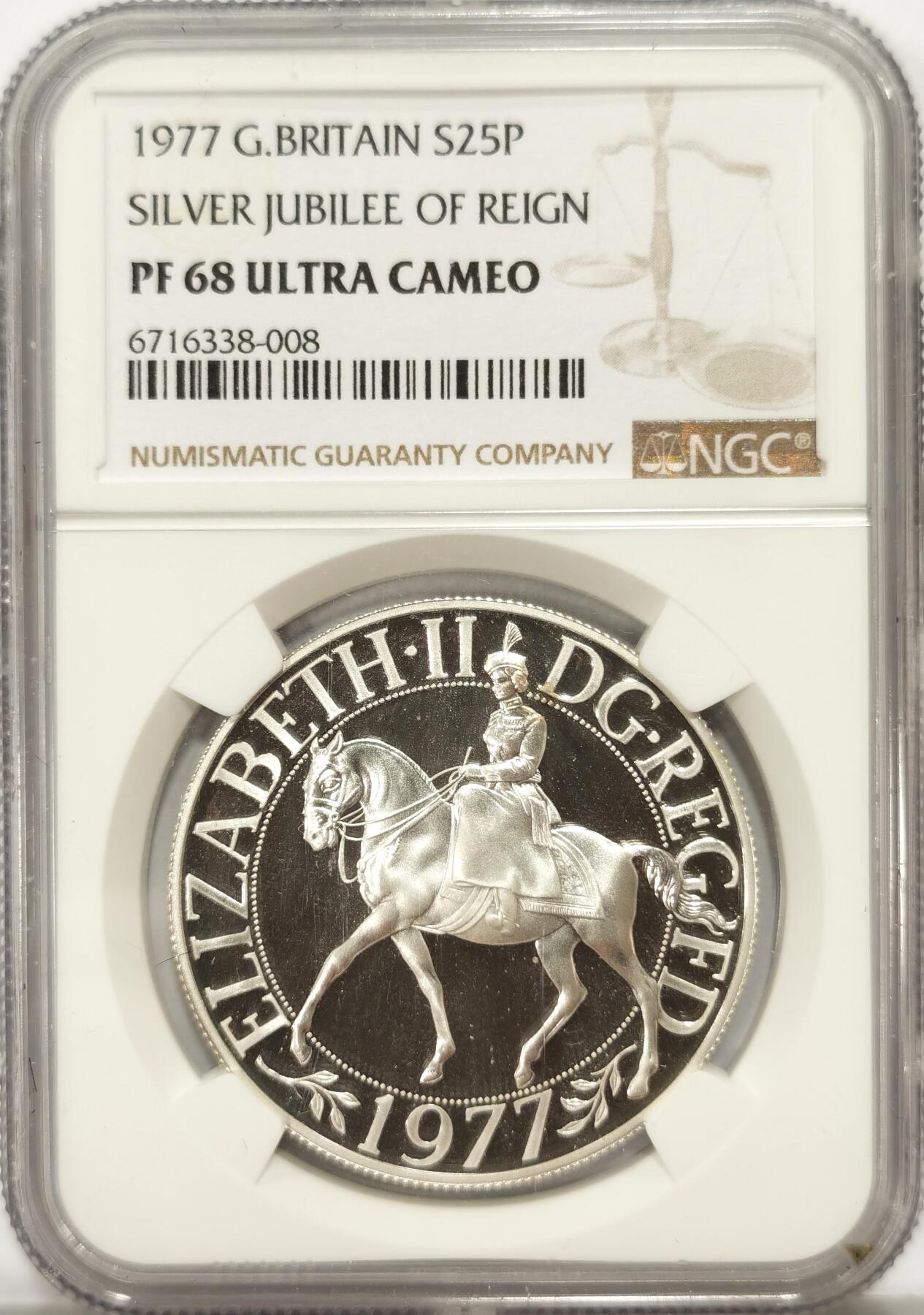 博洋堂世界钱币拍卖第090期（全场包邮） 英国1977年女王登基25周年25便士精制纪念银币NGC-PF68UC，PROOF精制币，币面清爽干净又漂亮，状态极佳
