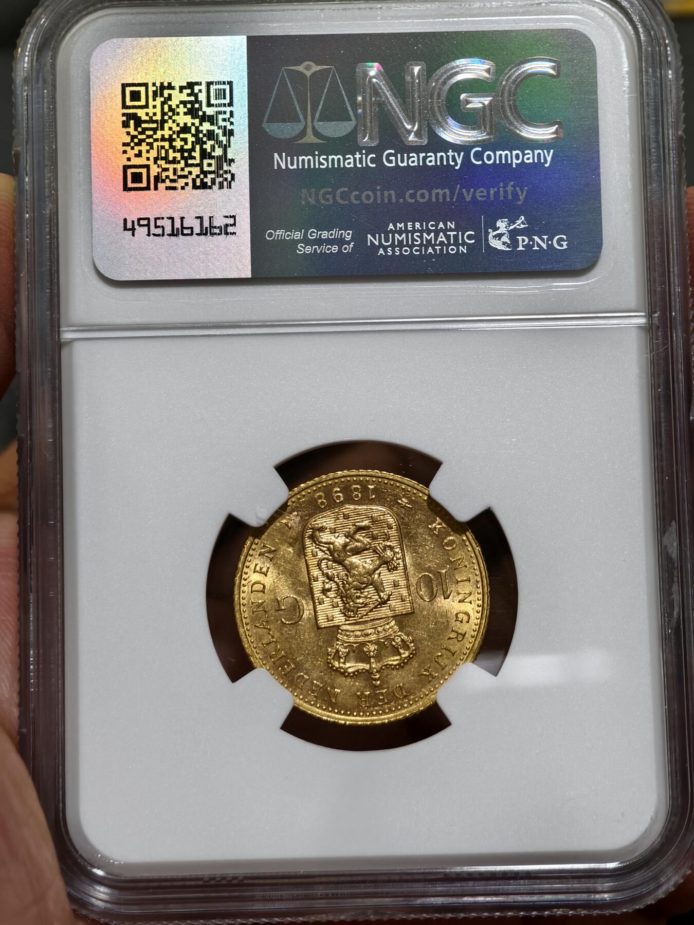 NGC-MS62+荷兰1898年威廉明娜女王10盾金币金萝莉皇冠萝莉