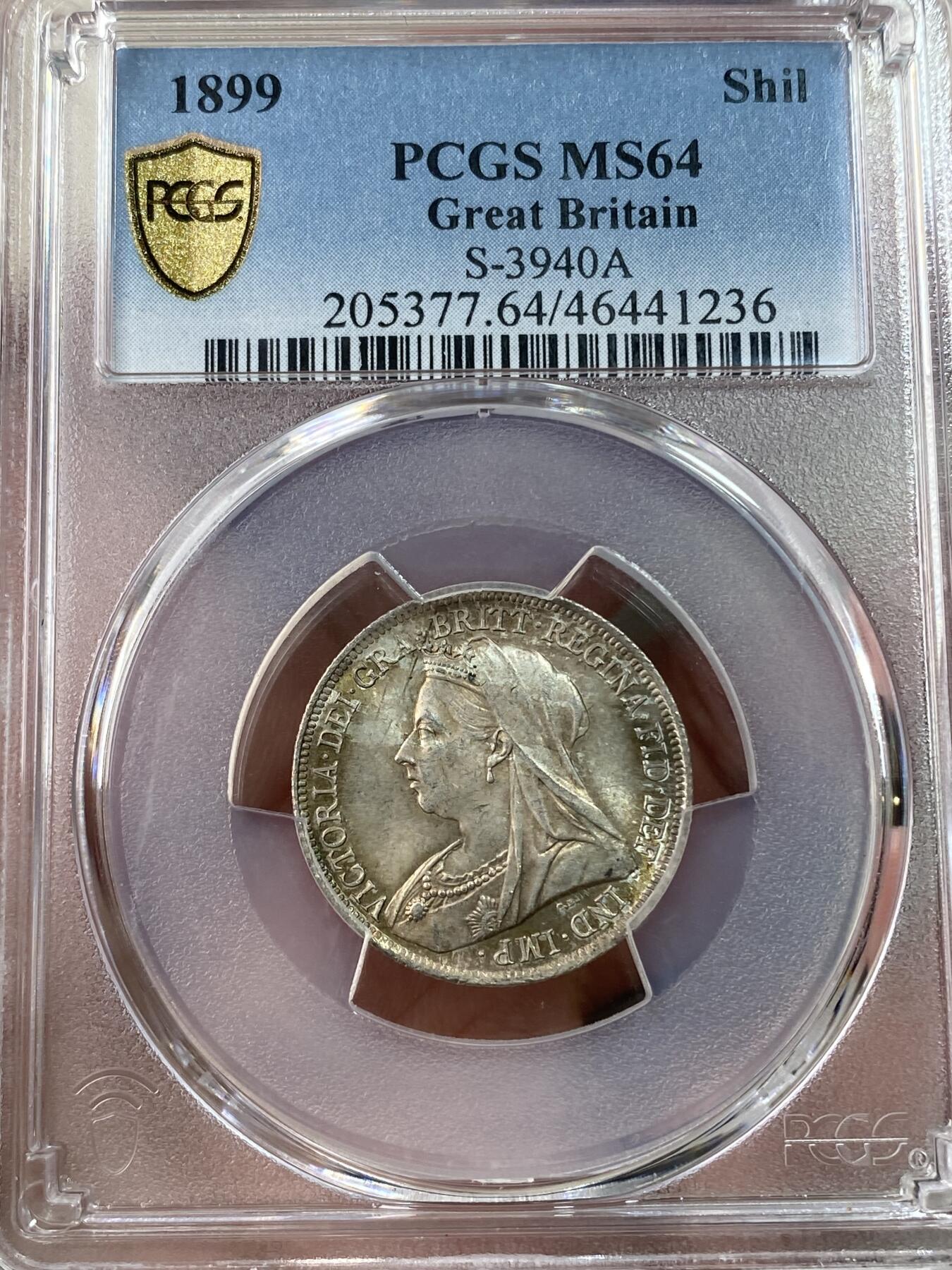 万国钱币拍卖第033期 PCGS MS64 1899年英国维多利亚女皇批纱1先令银币 淡环彩曝光