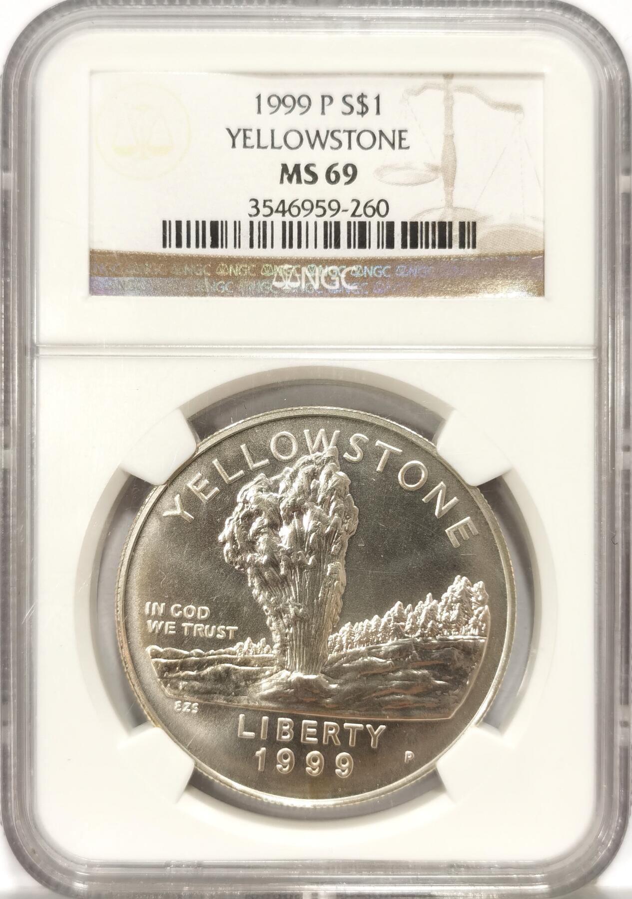 博洋堂世界钱币拍卖第090期（全场包邮） 美国1999年黄石国家公园1美元纪念银币NGC-MS69，原汁原味老包浆，币面清爽干净又漂亮，打制精美，状态极佳