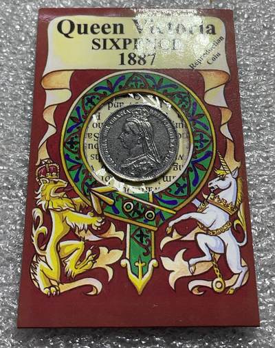 文馨钱币收藏第 162 场，稀少英室，英属地古铜币场 - 1887 年英国维多利亚女王尖冠版 6 便士银币，原封原册包装，英国一手货，真假未知，懂英文的自辩