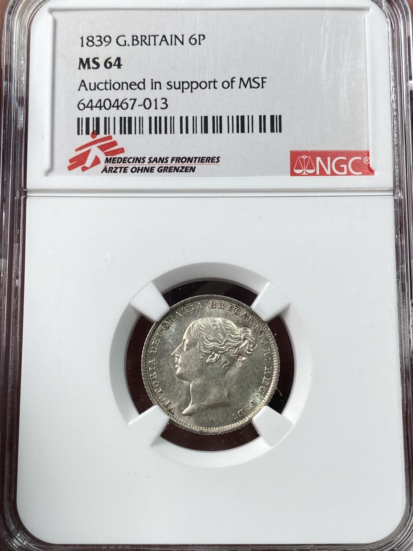 万国钱币拍卖第033期 NGC MS64 1839年英国维多利亚女皇6便士银币 转光高分