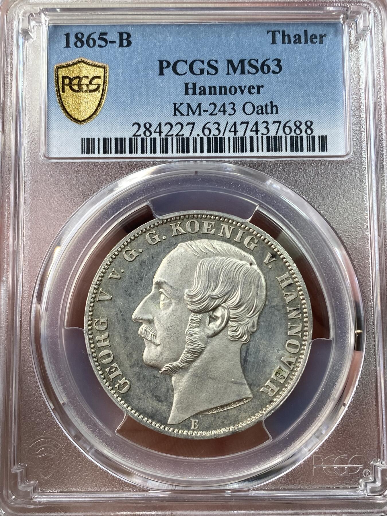 万国钱币拍卖第033期 PCGS MS63 1865年德国汉诺威弗里斯兰橡树纪念流通1泰勒 联合泰勒大名誉品 仅发行2000枚 锐利如新的质感让人爱不释手