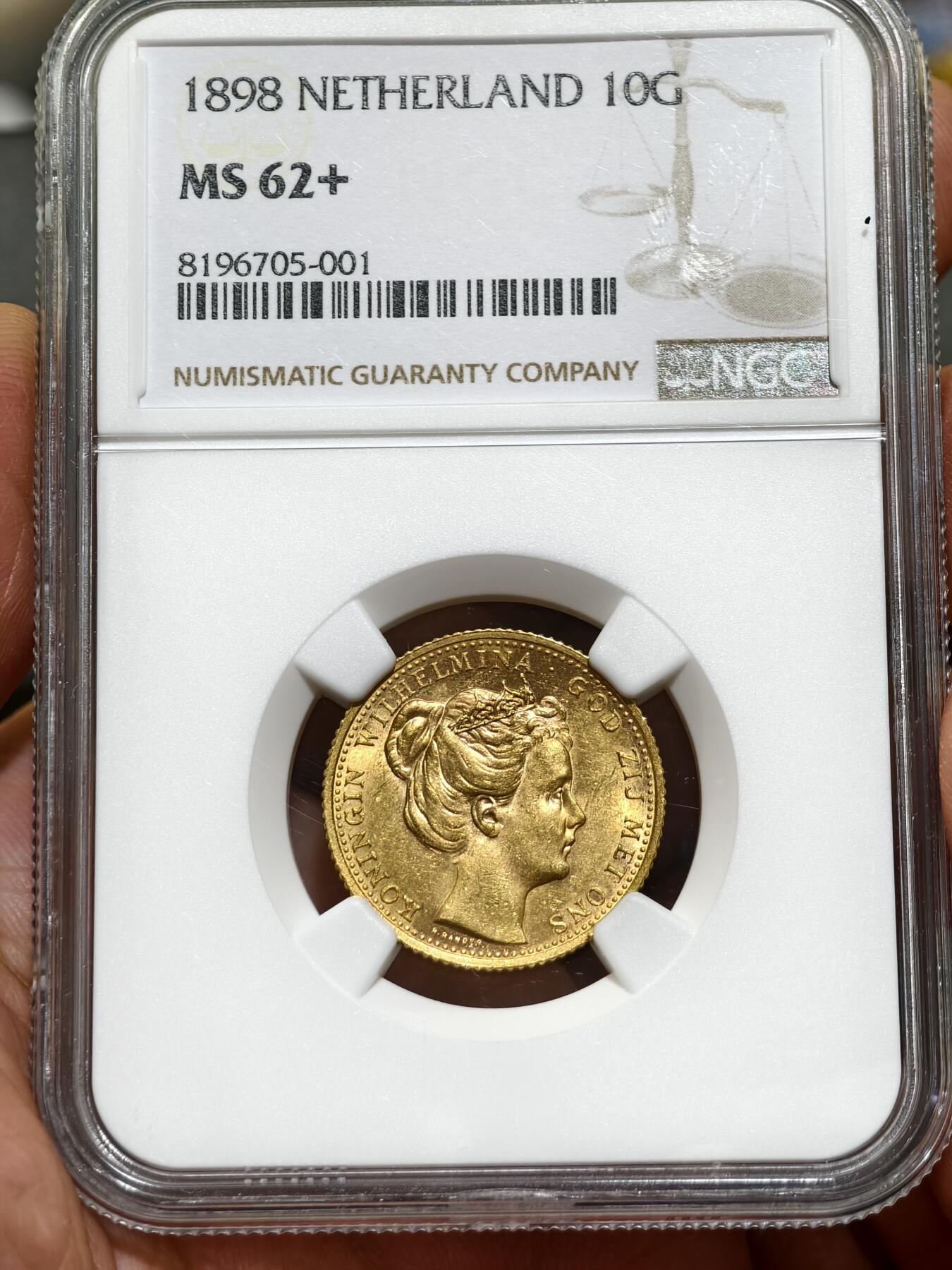 NGC-MS62+荷兰1898年威廉明娜女王10盾金币金萝莉皇冠萝莉