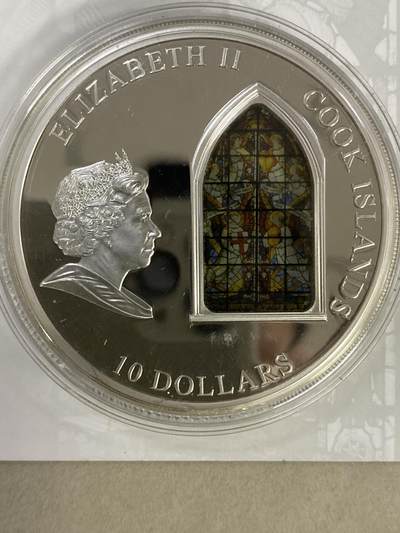 康怡轩钱币【以色列+葡萄牙+库克+澳大利亚+芬兰】第251003期  2011年库克发行天堂之窗-伦敦威斯敏斯特教堂镶彩色玻璃精制纪念银币  币+证书