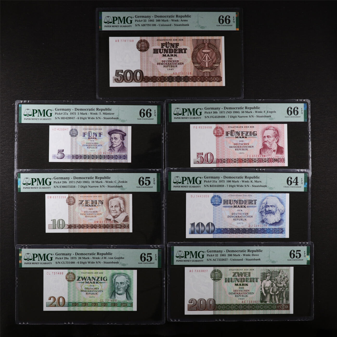 【亘邦集藏】第200期拍卖 1971-1985年 德国一套纸币7枚 PMG 64-66EPQ