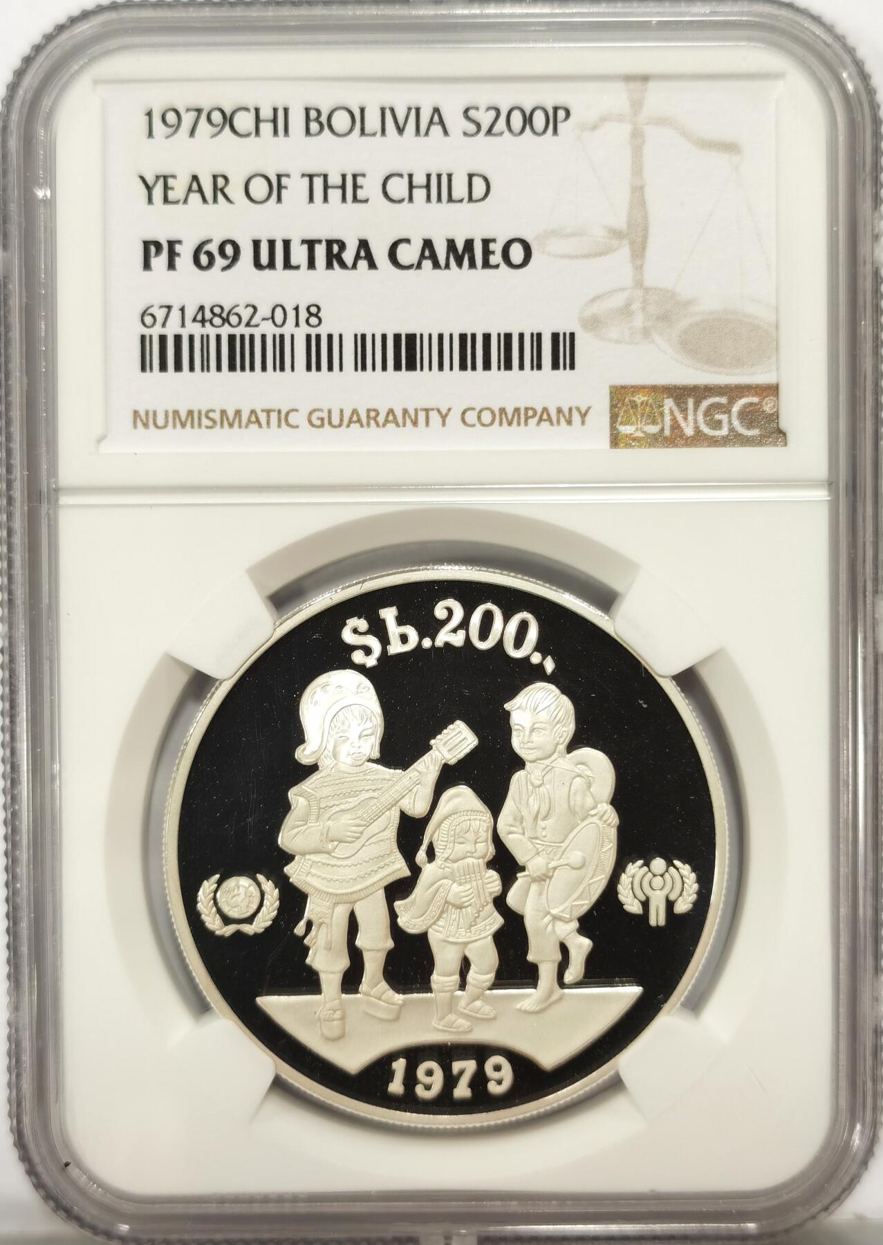 博洋堂世界钱币拍卖第090期（全场包邮） 玻利维亚1979年国际儿童年200比索精制银币NGC-PF69UC，PROOF精制币，币面清爽干净又漂亮，状态极佳，亚军分，获得更高评分数量6枚