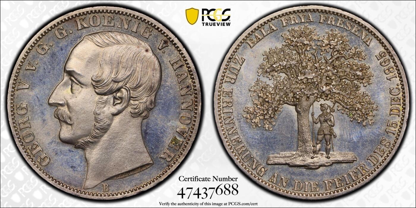 万国钱币拍卖第033期 PCGS MS63 1865年德国汉诺威弗里斯兰橡树纪念流通1泰勒 联合泰勒大名誉品 仅发行2000枚 锐利如新的质感让人爱不释手