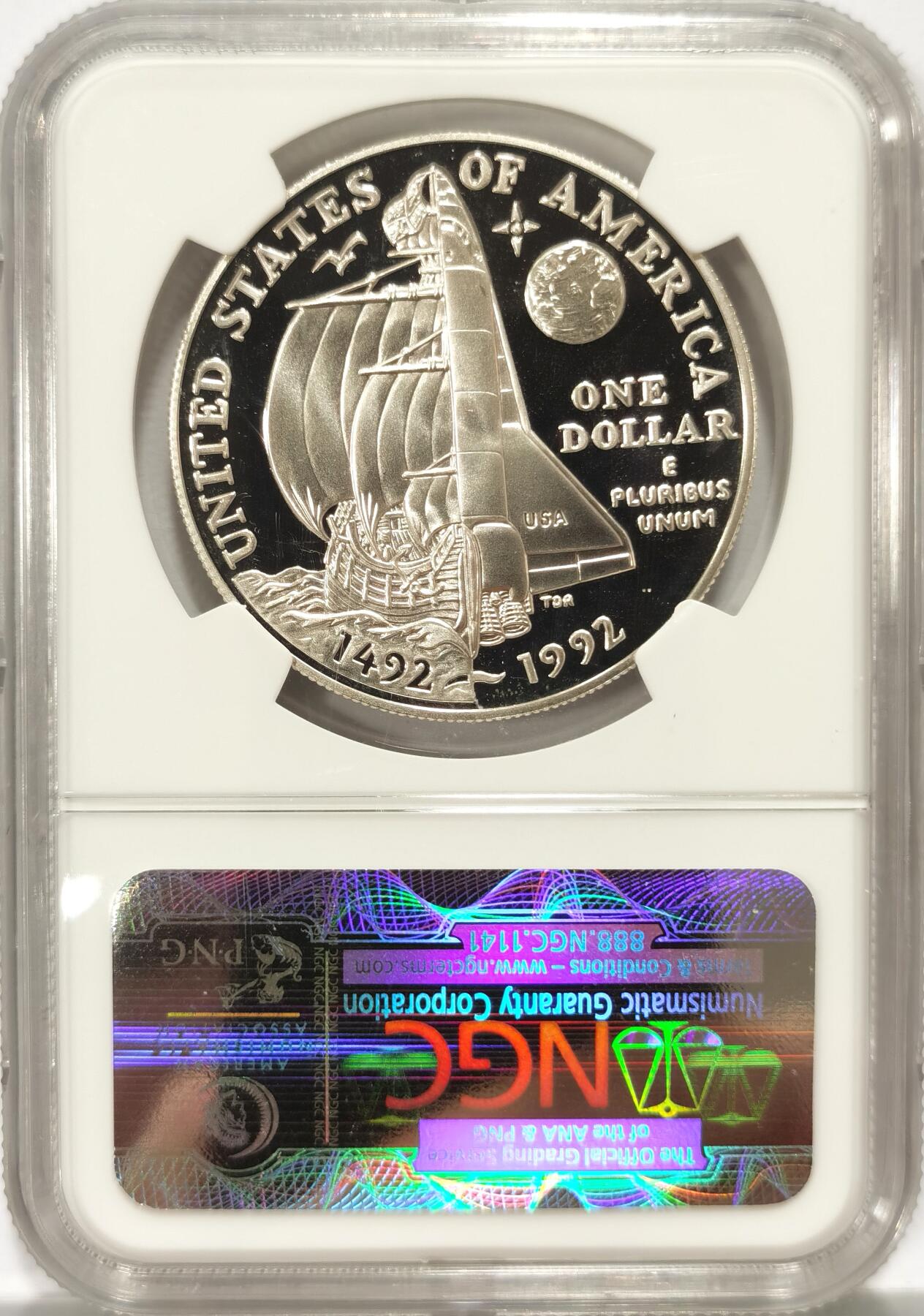 博洋堂世界钱币拍卖第090期（全场包邮） 美国1992年哥伦布发现美洲大陆500周年纪念1美元精制银币NGC-PF69UC，PROOF精制币，币面清爽干净又漂亮，打制精美