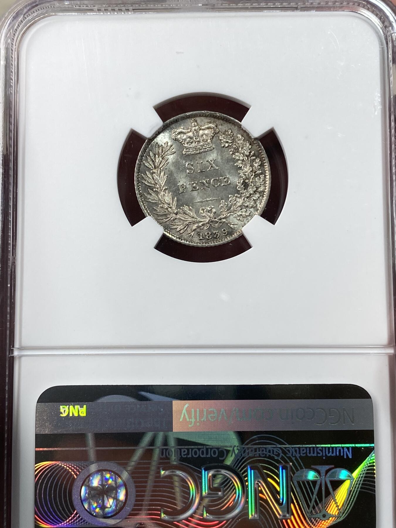 万国钱币拍卖第033期 NGC MS64 1839年英国维多利亚女皇6便士银币 转光高分
