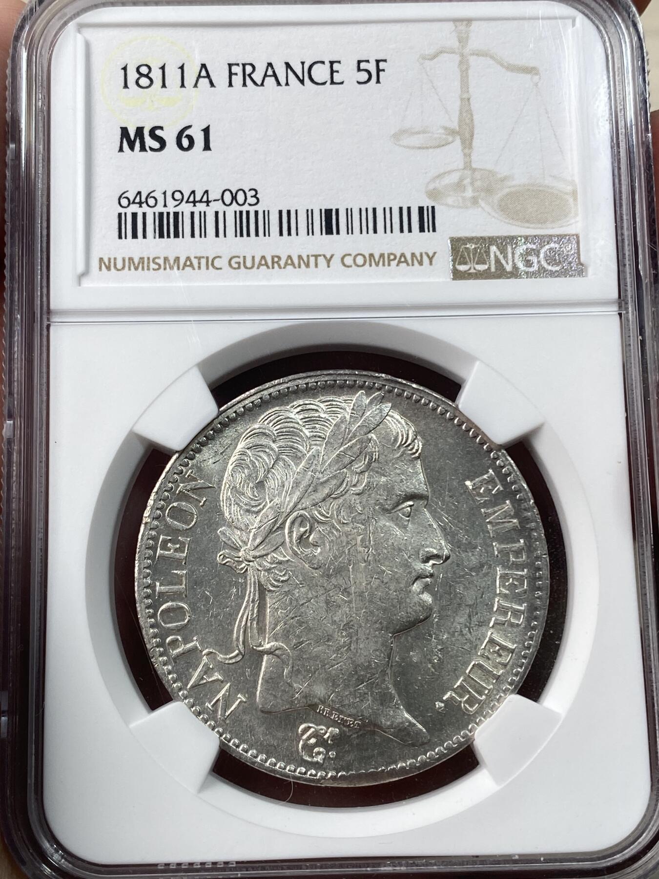万国钱币拍卖第033期 NGC MS61 1811年法国拿破仑一世流通5法郎大银币 全深打转光