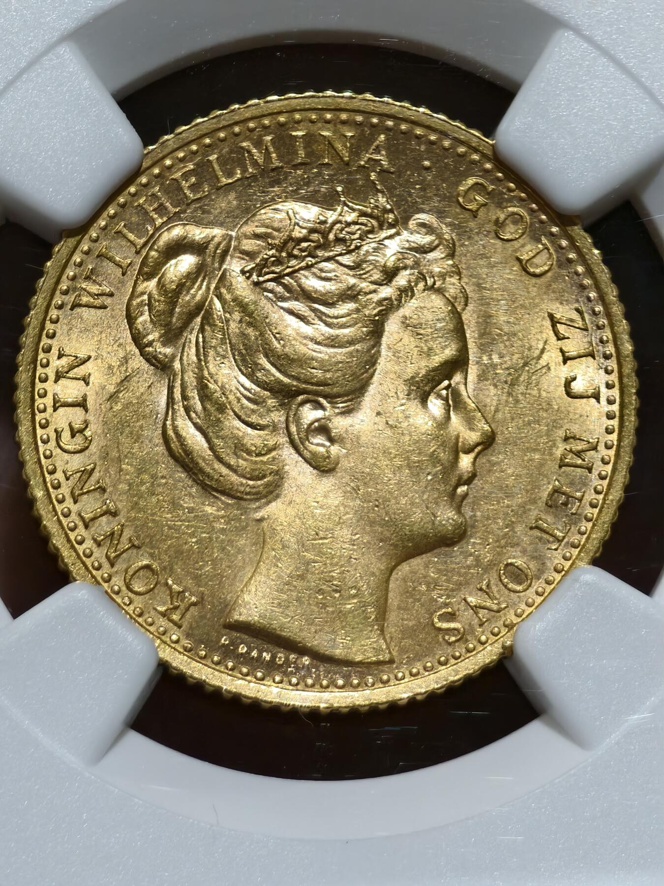 NGC-MS62+荷兰1898年威廉明娜女王10盾金币金萝莉皇冠萝莉