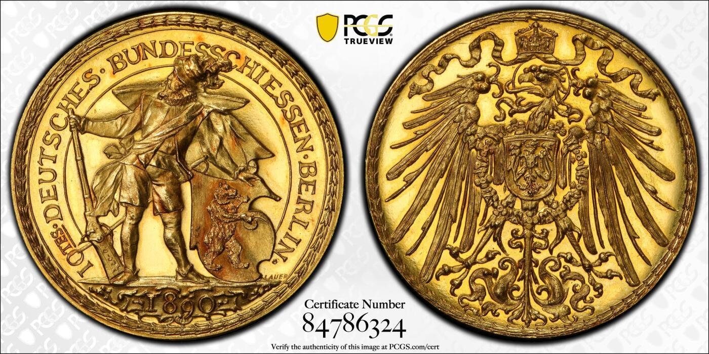 万国钱币拍卖第033期 PCGS SP65 1890年德国柏林联邦射击节纪念大金章，5杜卡特，33MM，16G左右，名誉品种，大尺寸德射金章极其难得，超高浮雕，镜面底板，PC唯一冠军&封面广告章。