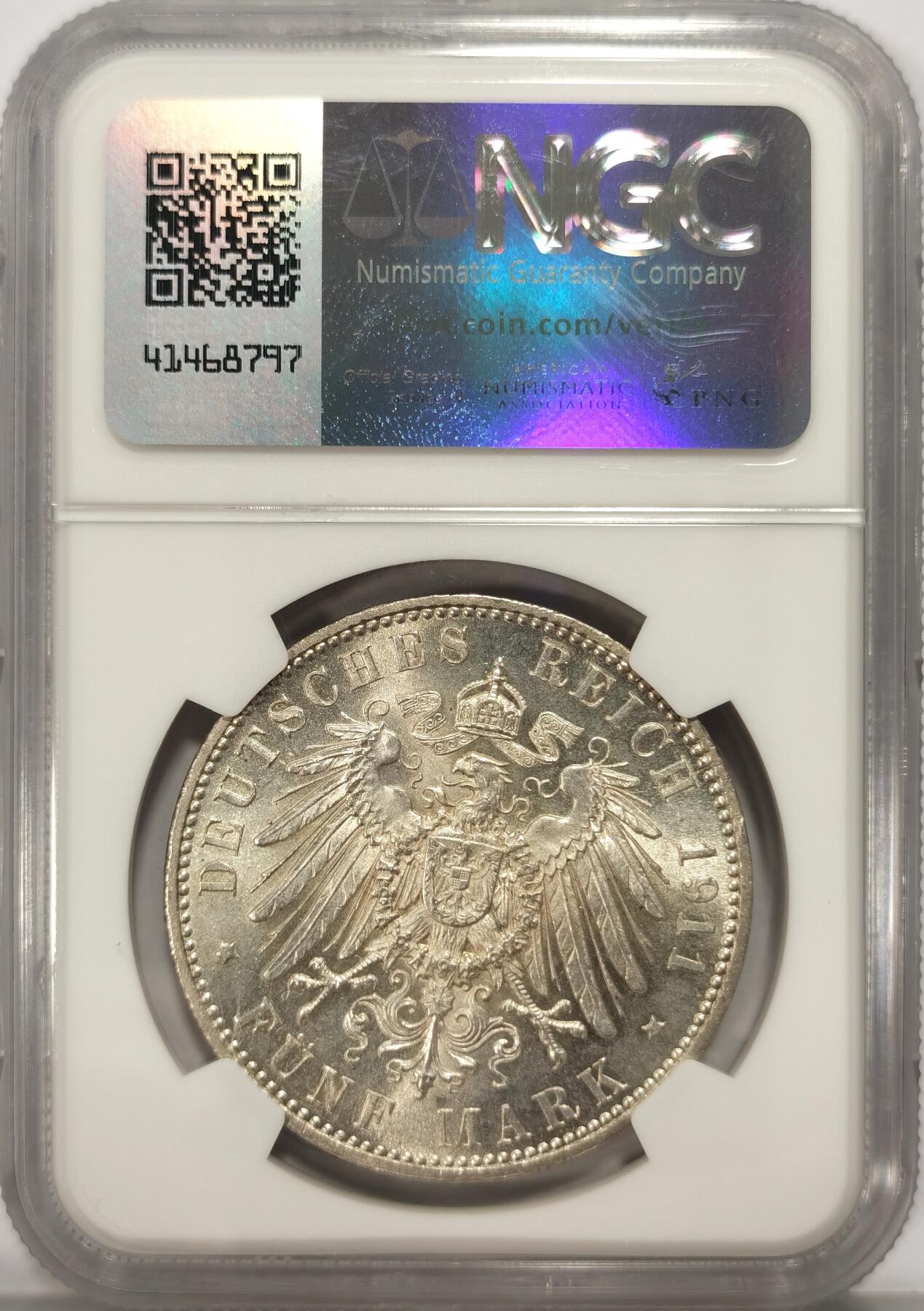 博洋堂世界钱币拍卖第090期（全场包邮） NGC MS63 德国巴伐利亚1911年利奥波德大公90寿辰5马克银币