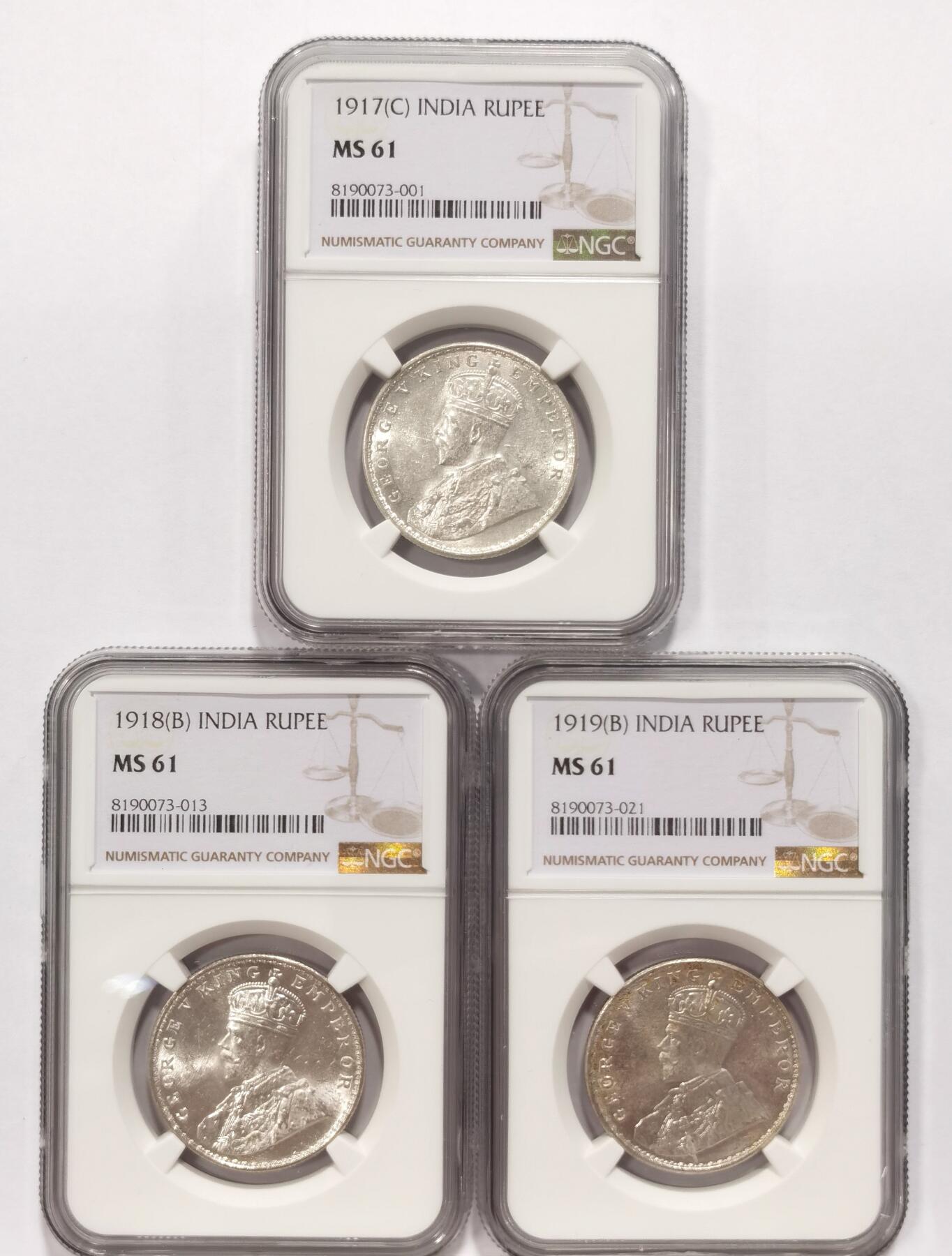 博洋堂世界钱币拍卖第090期（全场包邮） NGC MS61 英属印度1917-1919年乔治五世1卢比银币3枚一组，连号年份