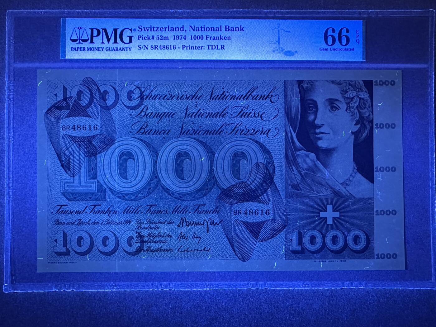 《张总收藏》166期-周日外币精品 瑞士1000法郎PMG66E 1974年 经典死神之舞 超大票幅 冠军分 无折无黄无斑 实至名归冠军品质