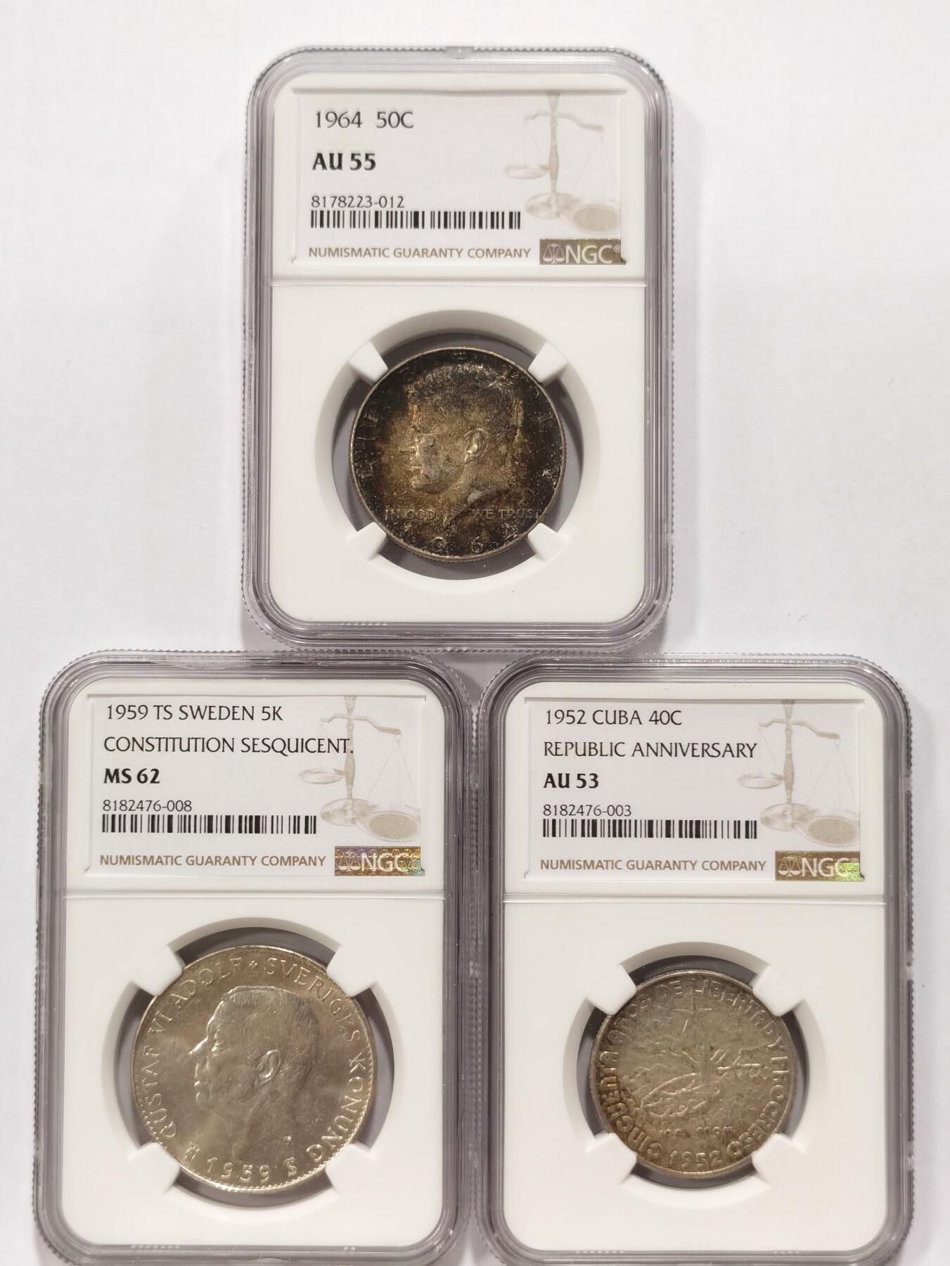 博洋堂世界钱币拍卖第090期（全场包邮） NGC AU53 古巴1952年建国50周年40分+NGC AU55 美国1964年50分+NGC MS62 瑞典1959年5克朗纪念银币，三枚一起