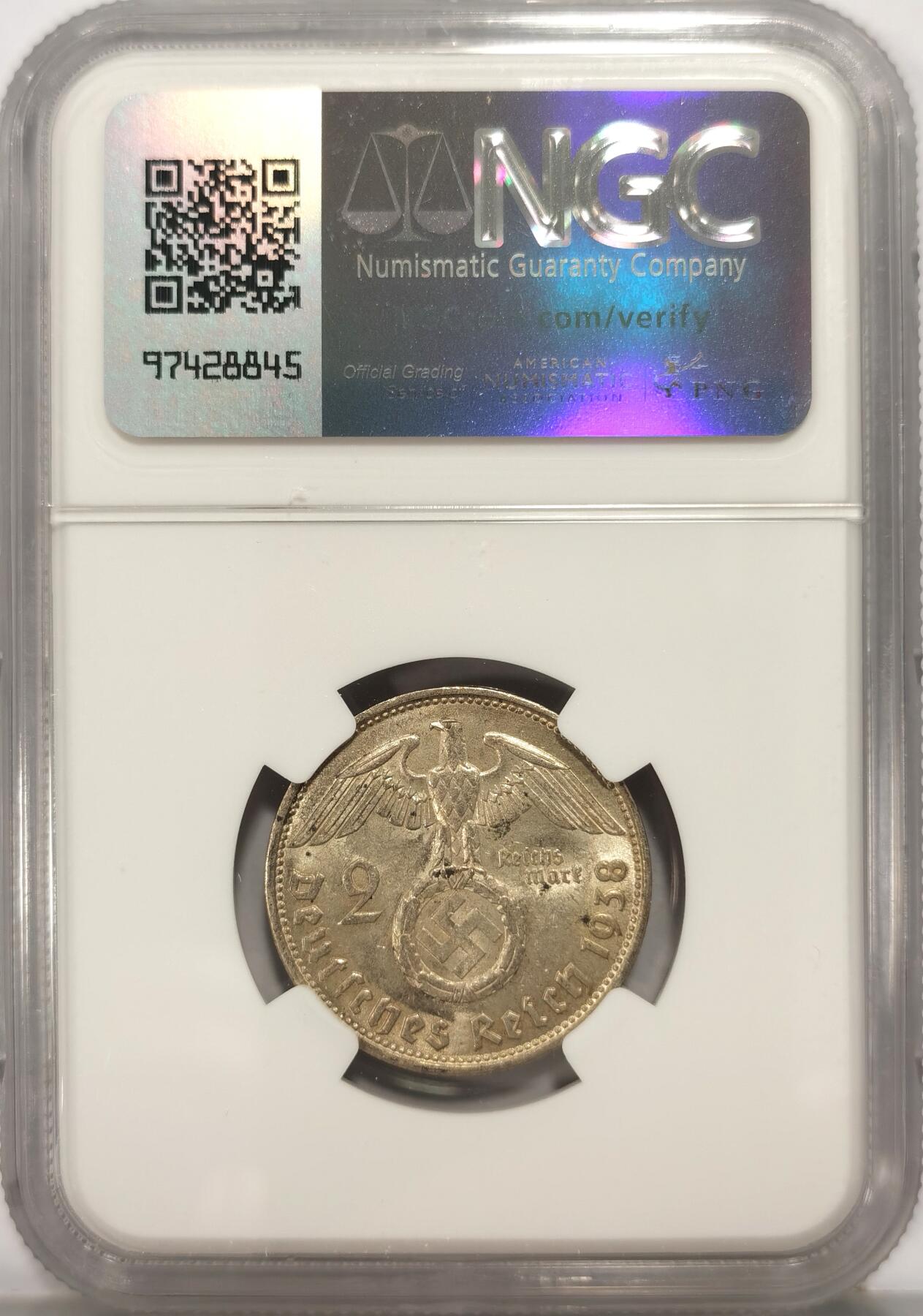 博洋堂世界钱币拍卖第090期（全场包邮） NGC MS62 德国1938B兴登堡2马克银币，币面干净，原光好品