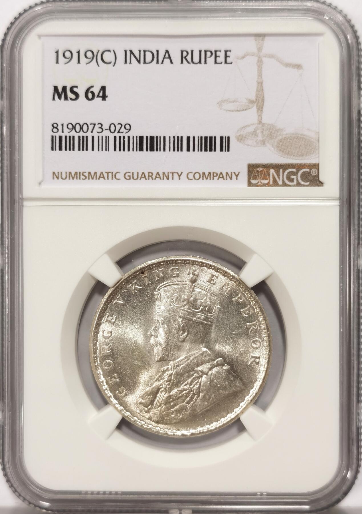 博洋堂世界钱币拍卖第090期（全场包邮） NGC MS64 英属印度1919年C版乔治五世1卢比银币，收藏级