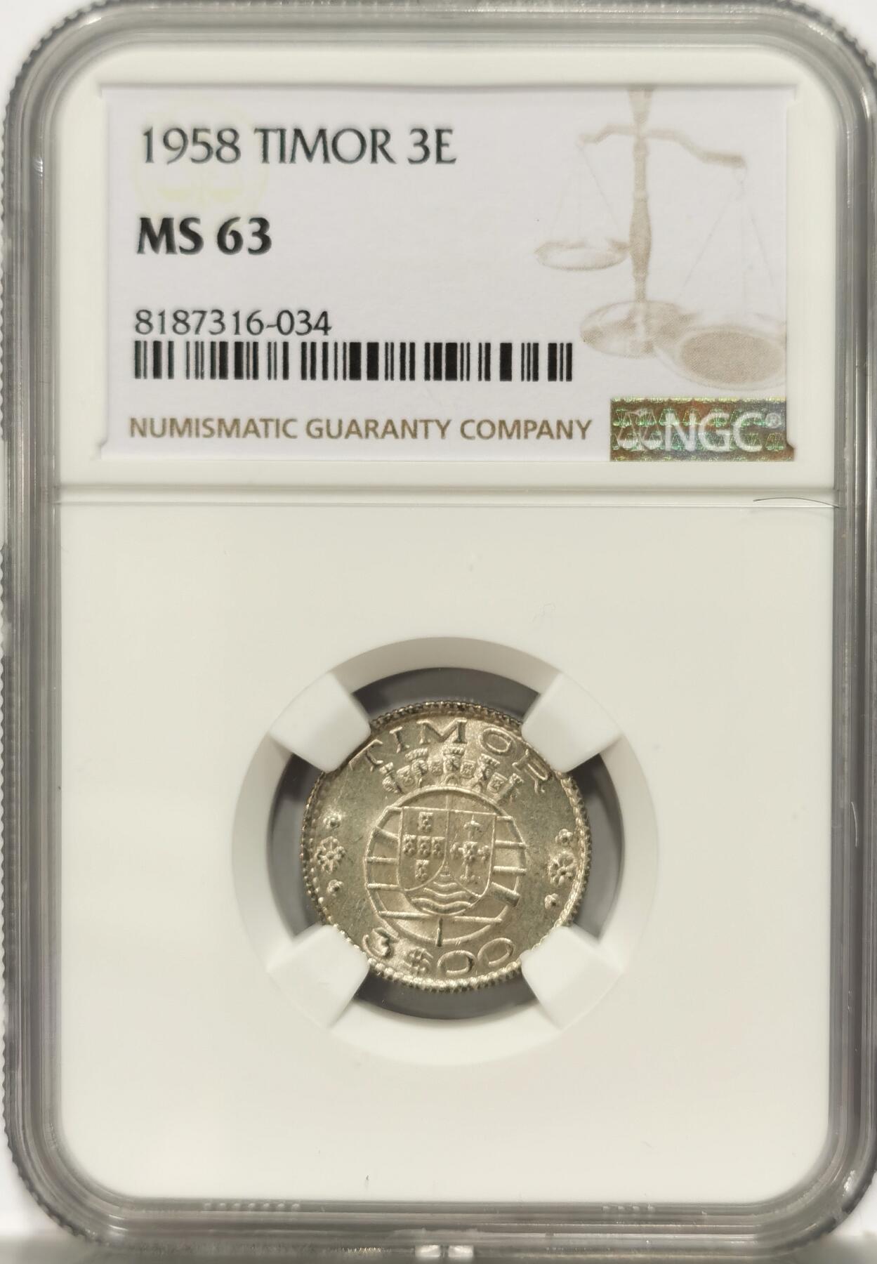 博洋堂世界钱币拍卖第090期（全场包邮） NGC MS63 葡属东帝汶1958年3埃斯库多银币