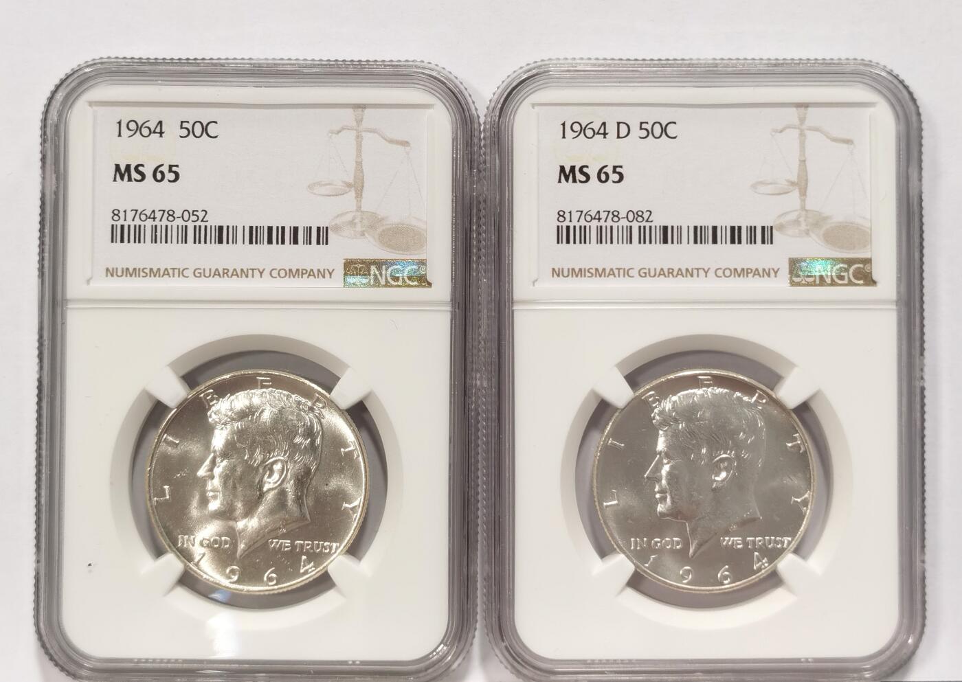 博洋堂世界钱币拍卖第090期（全场包邮） NGC MS65 美国1964年高银版肯尼迪50美分银币2枚一对，含少见D版，一次收齐