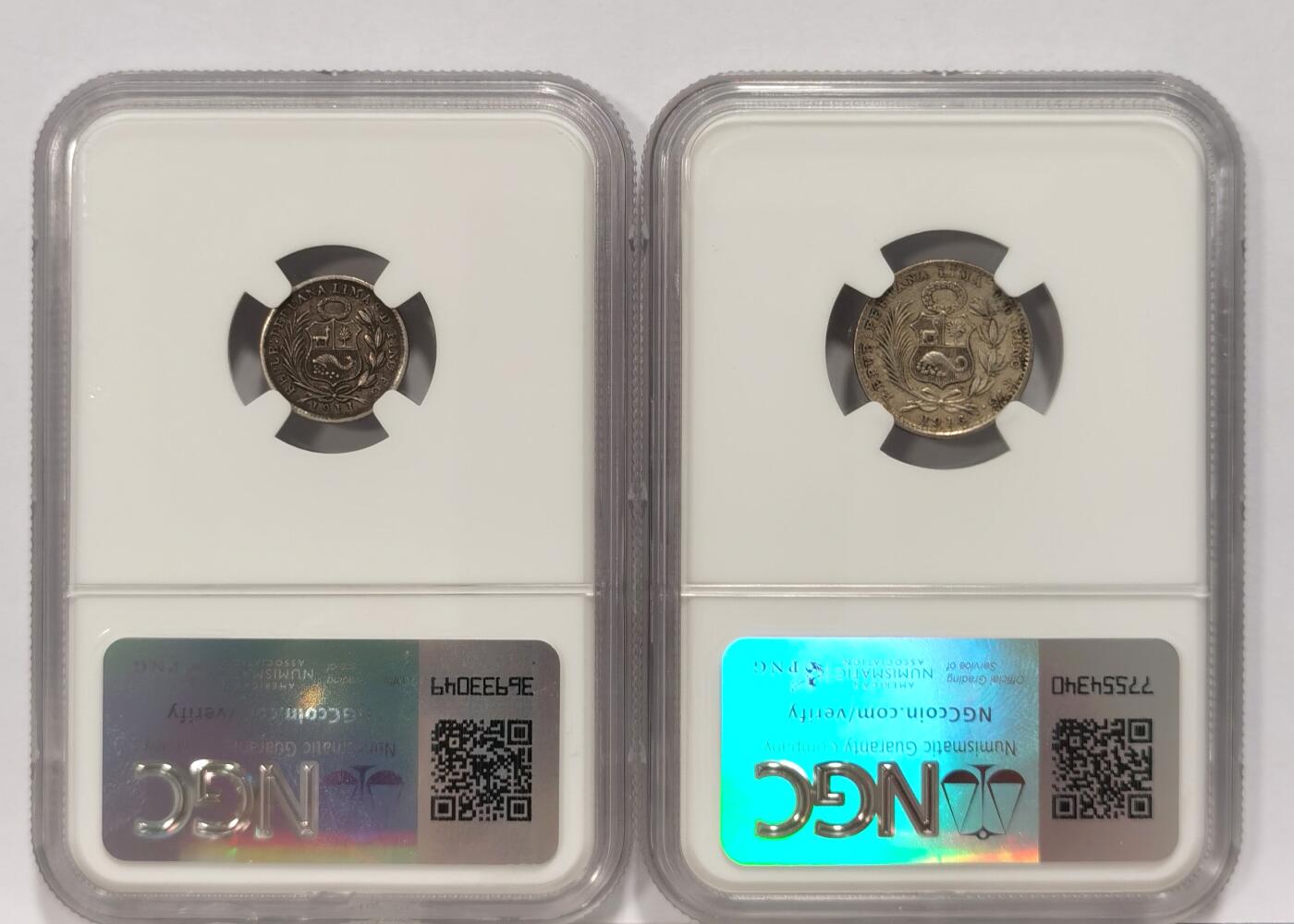 博洋堂世界钱币拍卖第090期（全场包邮） NGC AU50 秘鲁1911/1916年坐人女神1/2D、1D小银币2枚一对