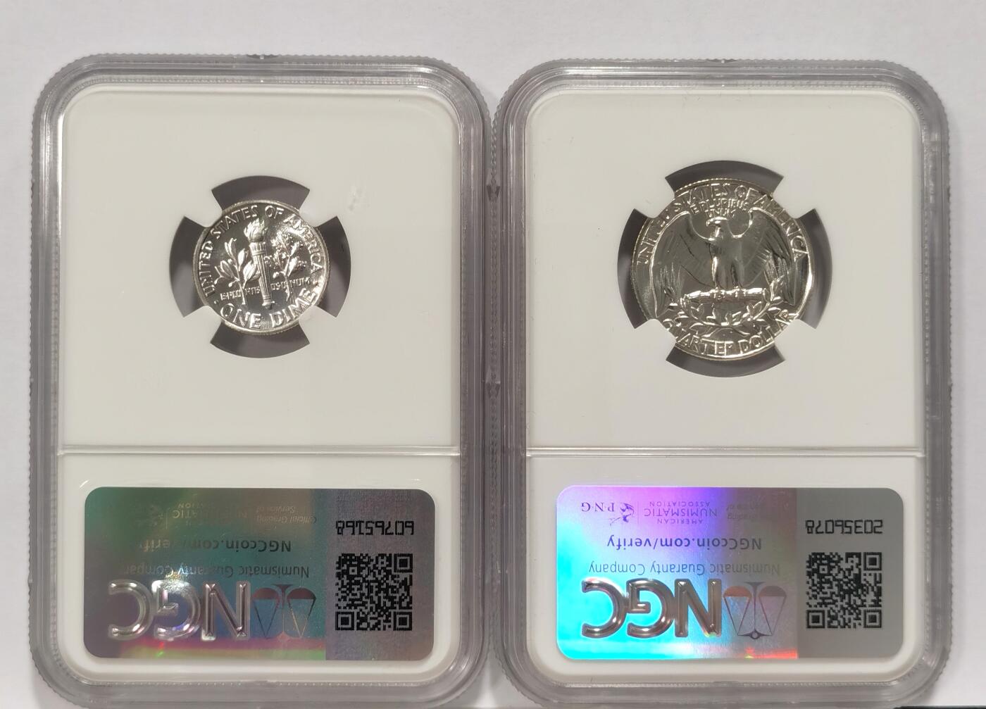 博洋堂世界钱币拍卖第090期（全场包邮） NGC PF67 美国1964年罗斯福10美分、华盛顿25美分银币2枚一对，高分镜面