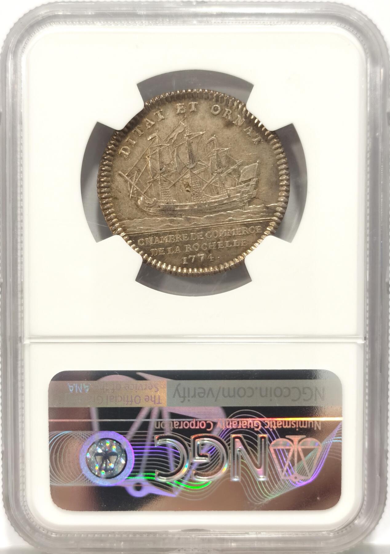 博洋堂世界钱币拍卖第090期（全场包邮） NGC AU58 法国1774年路易十六商务部八角银币，重7.33克，直径29MM，N盒唯一记录，稀缺品种